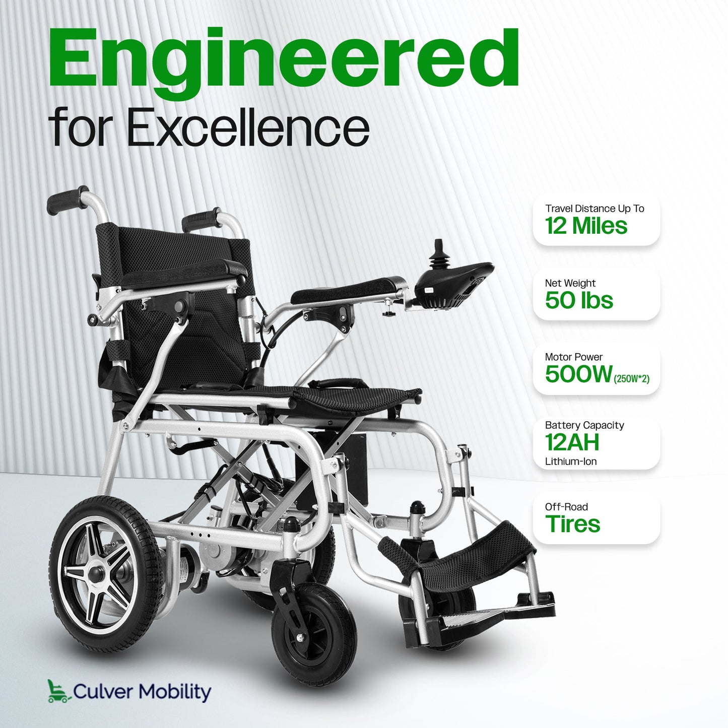 Electric wheelchair with specifications on a white background, featuring the brand 'Culver Mobility'.