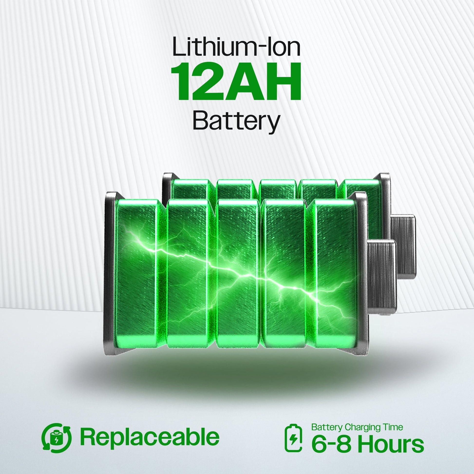Lithium-ion battery pack with charging indicators on a white background