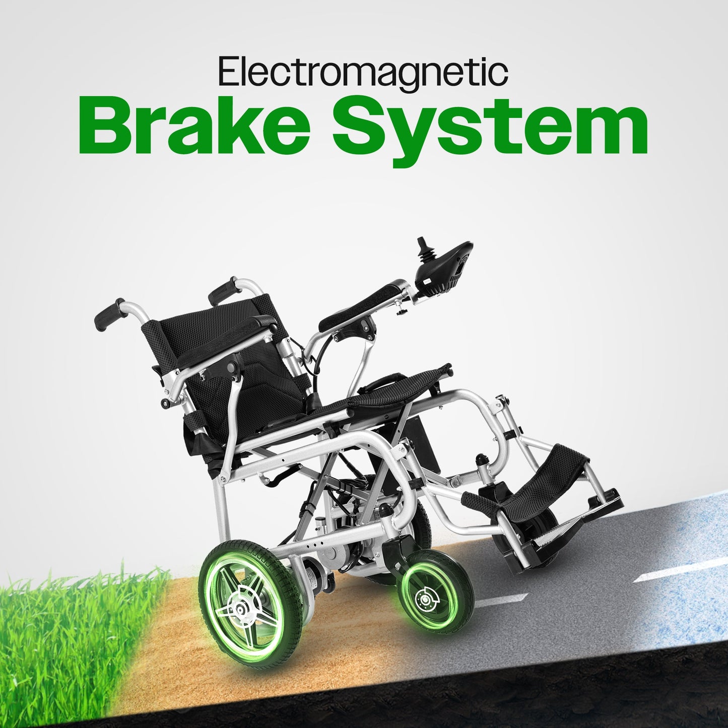 Electric wheelchair with electromagnetic brake system on a road and grass background