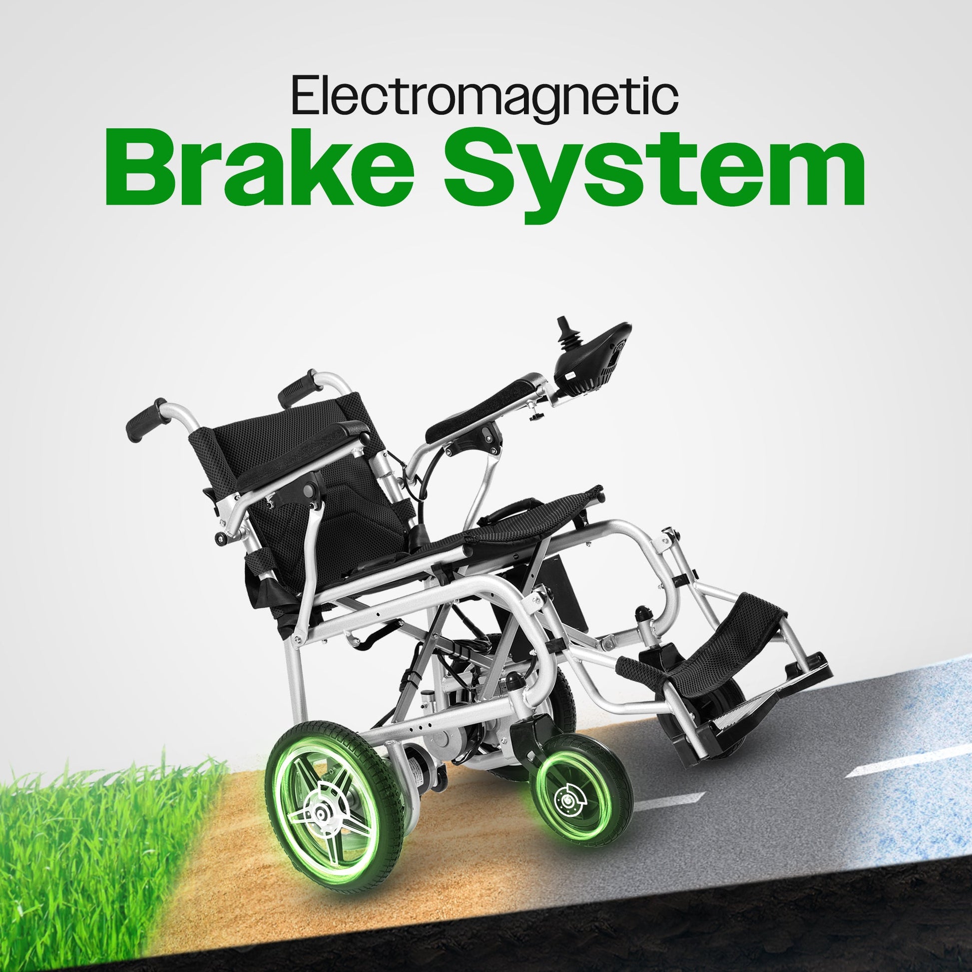 Electric wheelchair with electromagnetic brake system on a road and grass background