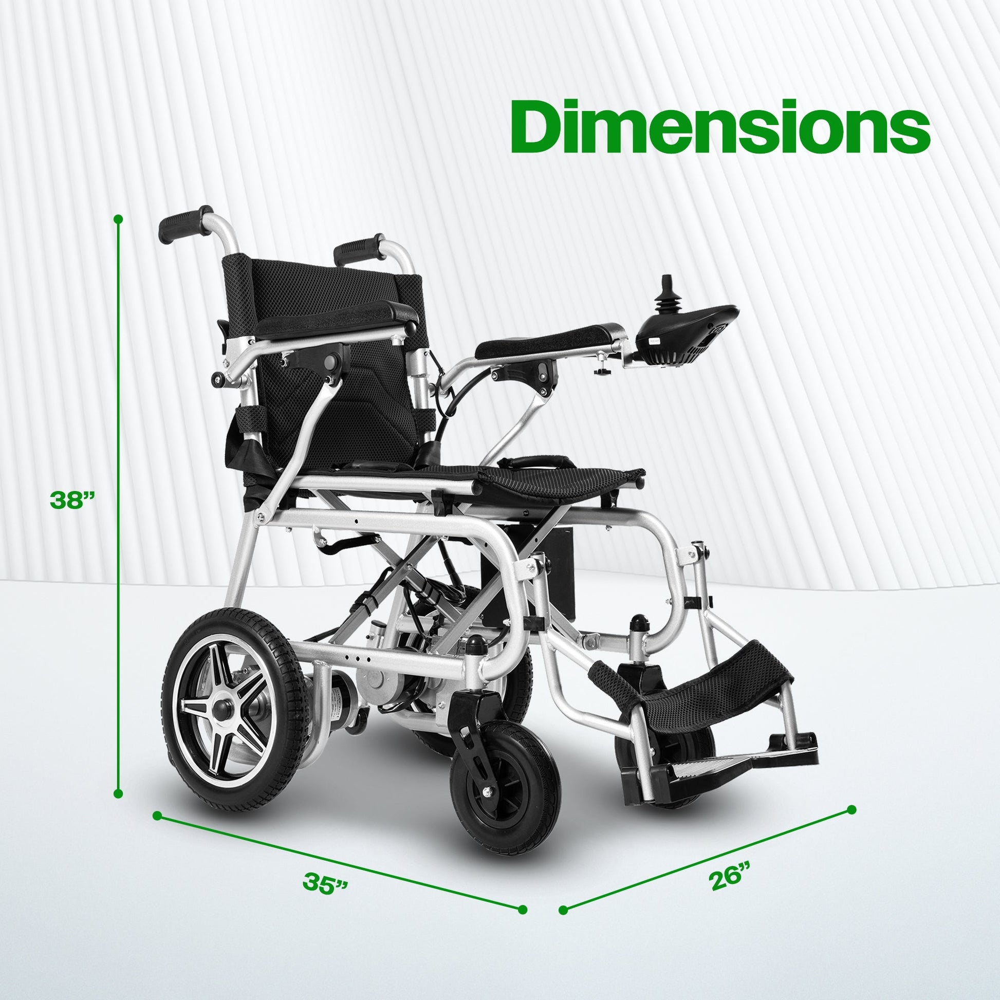 Foldable wheelchair with dimensions labeled on a white background