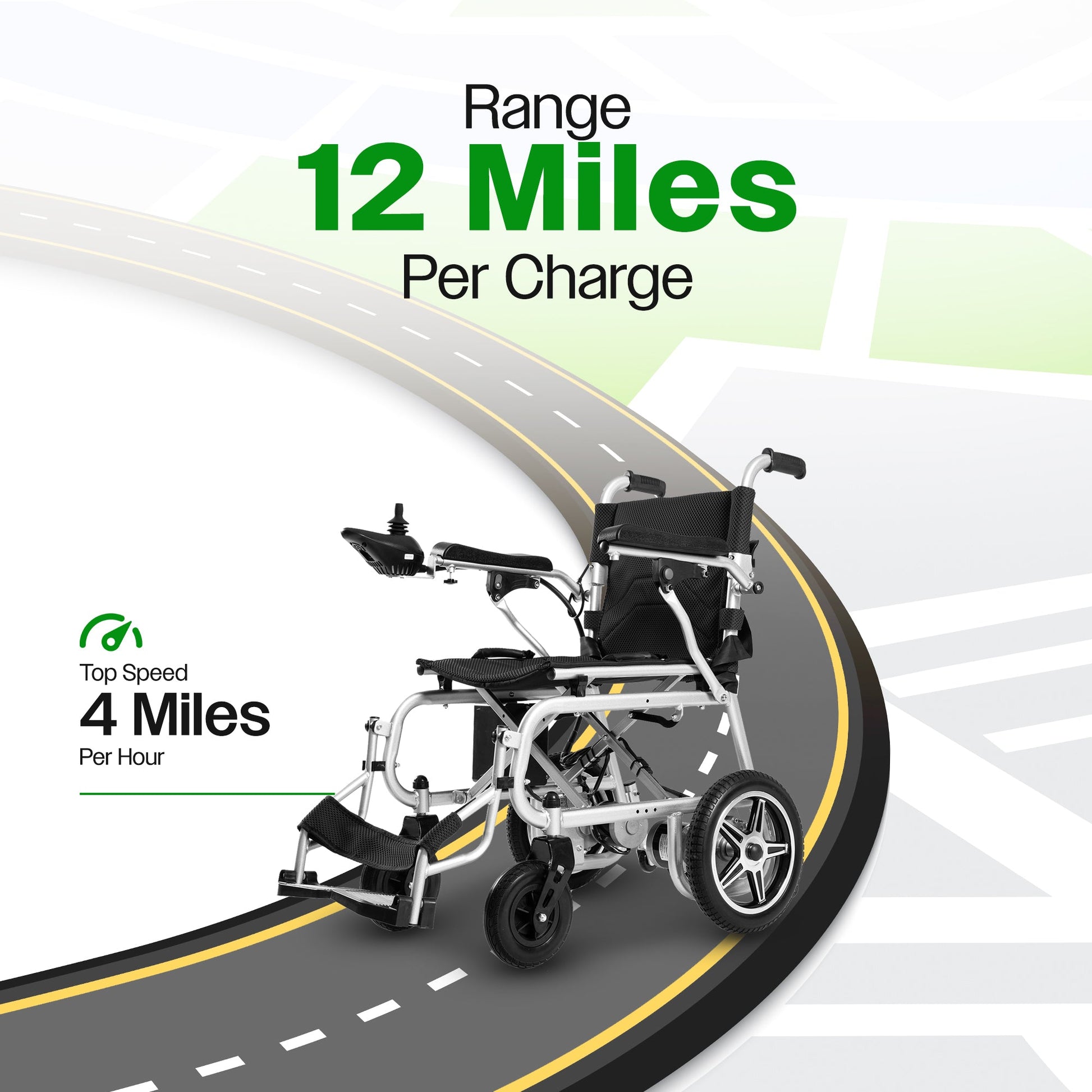 Electric wheelchair on a road with range and speed information displayed.