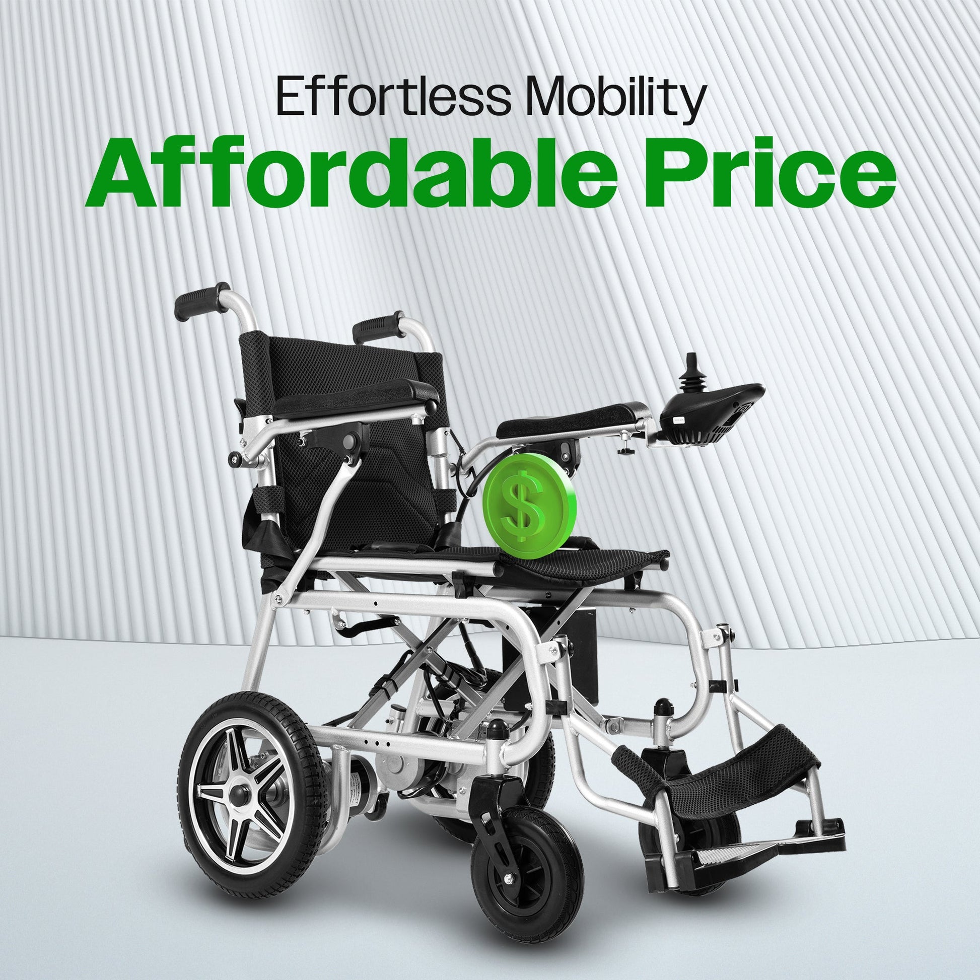 Electric wheelchair with text 'Effortless Mobility Affordable Price' on a light gray background