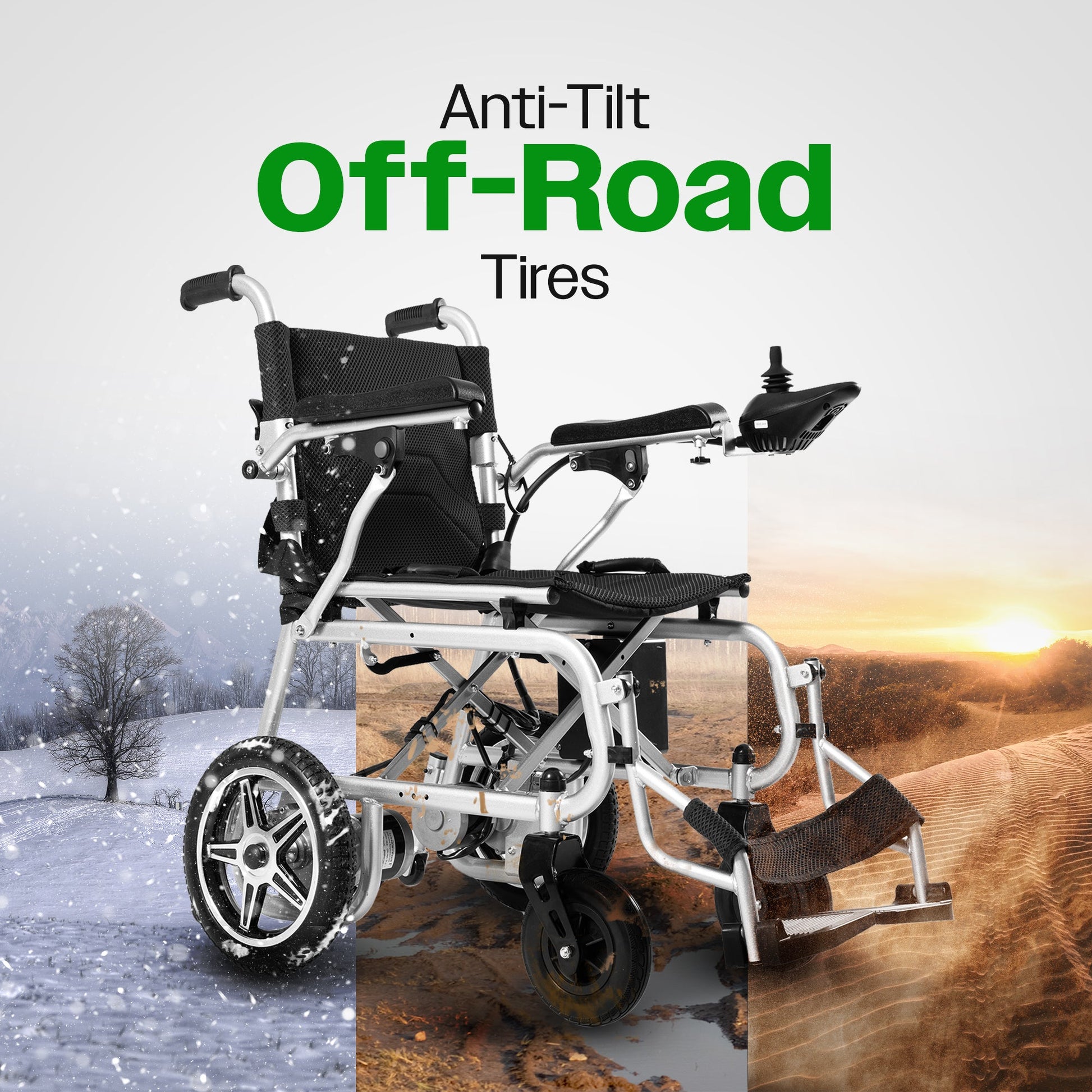 Foldable wheelchair with off-road tires shown in snowy, desert, and mountainous landscapes.