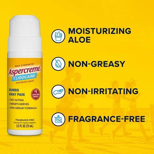 Aspercreme lidocaine roll-on bottle with moisturizing aloe, fragrance-free, non-greasy