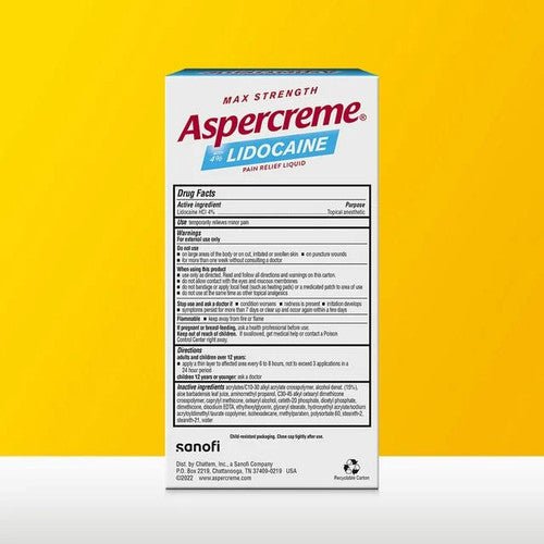 Aspercreme lidocaine roll-on box back with Drug Facts panel