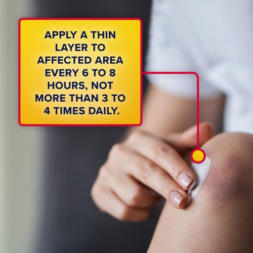 Lidocaine pain relief cream application on knee, thin layer instructions