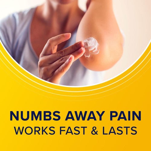 Lidocaine pain relief cream on hand, non-greasy texture