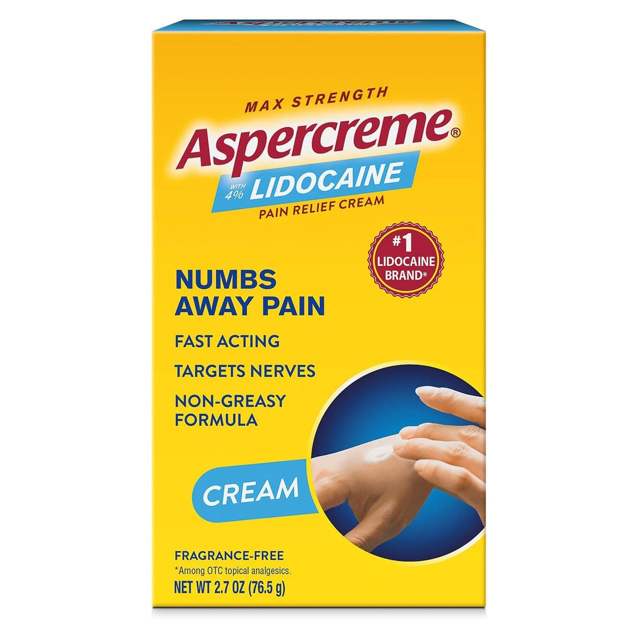 Max Strength lidocaine pain relief cream box, 2.7 oz