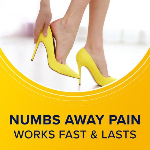“Numbs away pain” message with high-heel illustration for lidocaine spray