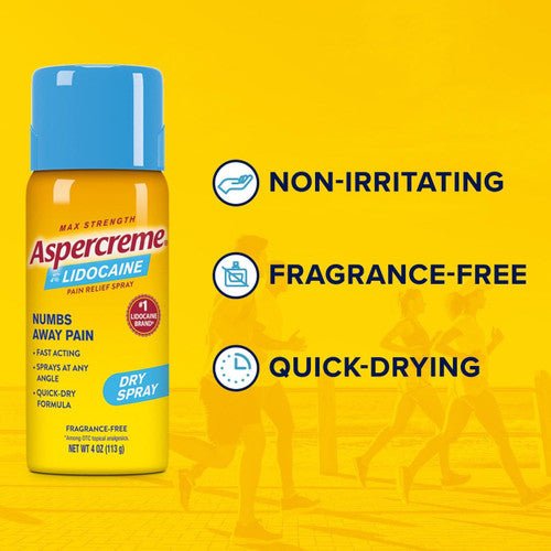 Aspercreme dry spray lidocaine with non-irritating, fragrance-free, quick-drying icons