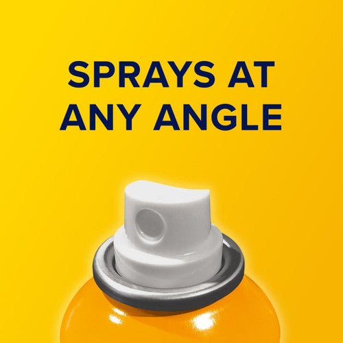 Dry spray nozzle with “Sprays at any angle” label