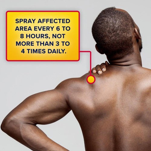 Pain relief spray usage for upper back: apply every 6–8 hours, not more than 3–4/day