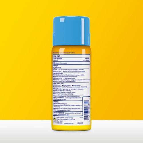 Aspercreme lidocaine dry spray bottle, back label details for 4 oz
