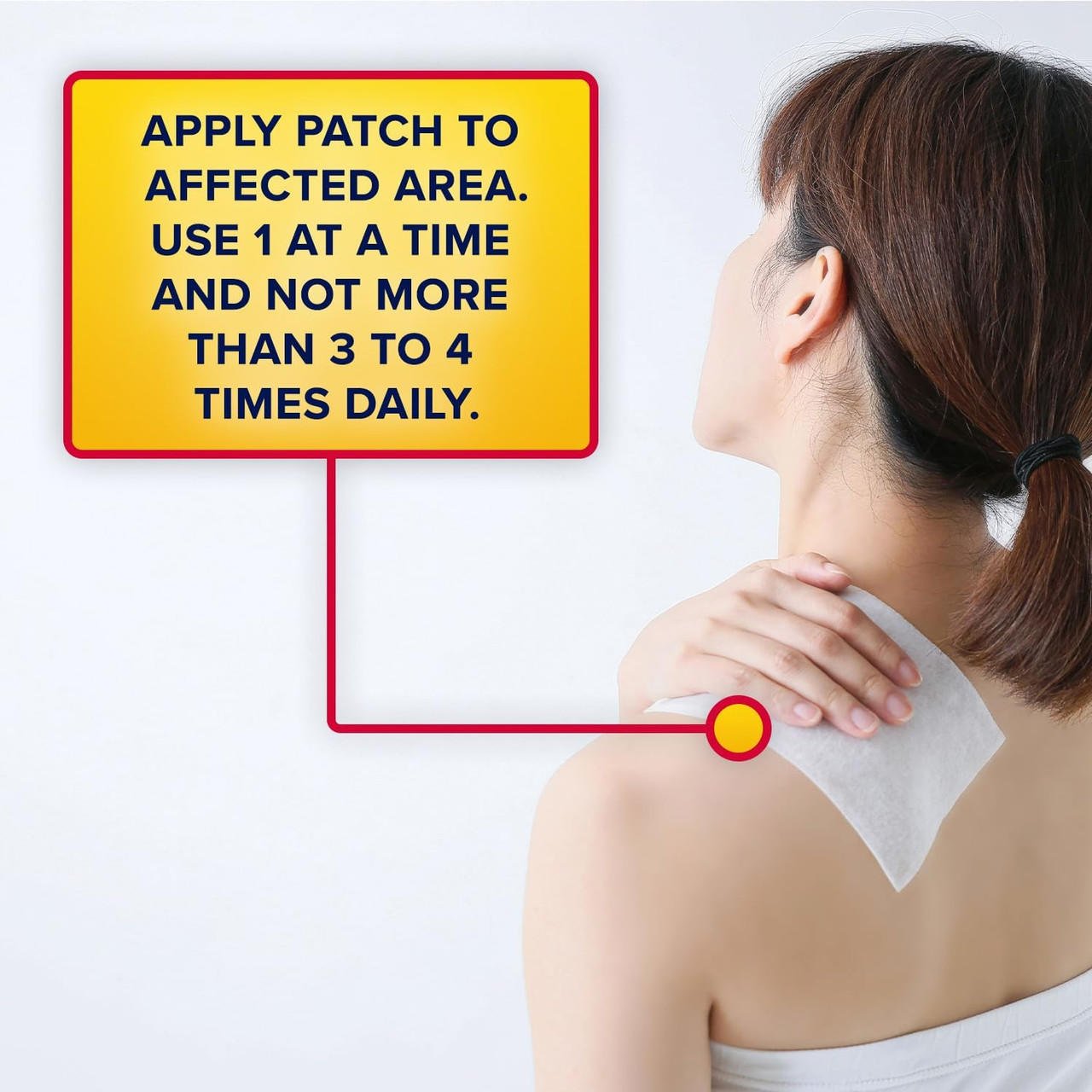 Lidocaine pain relief patch placement on shoulder with usage instructions