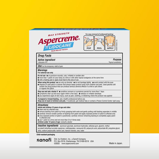 Aspercreme Max Strength lidocaine pain relief patch back panel with directions