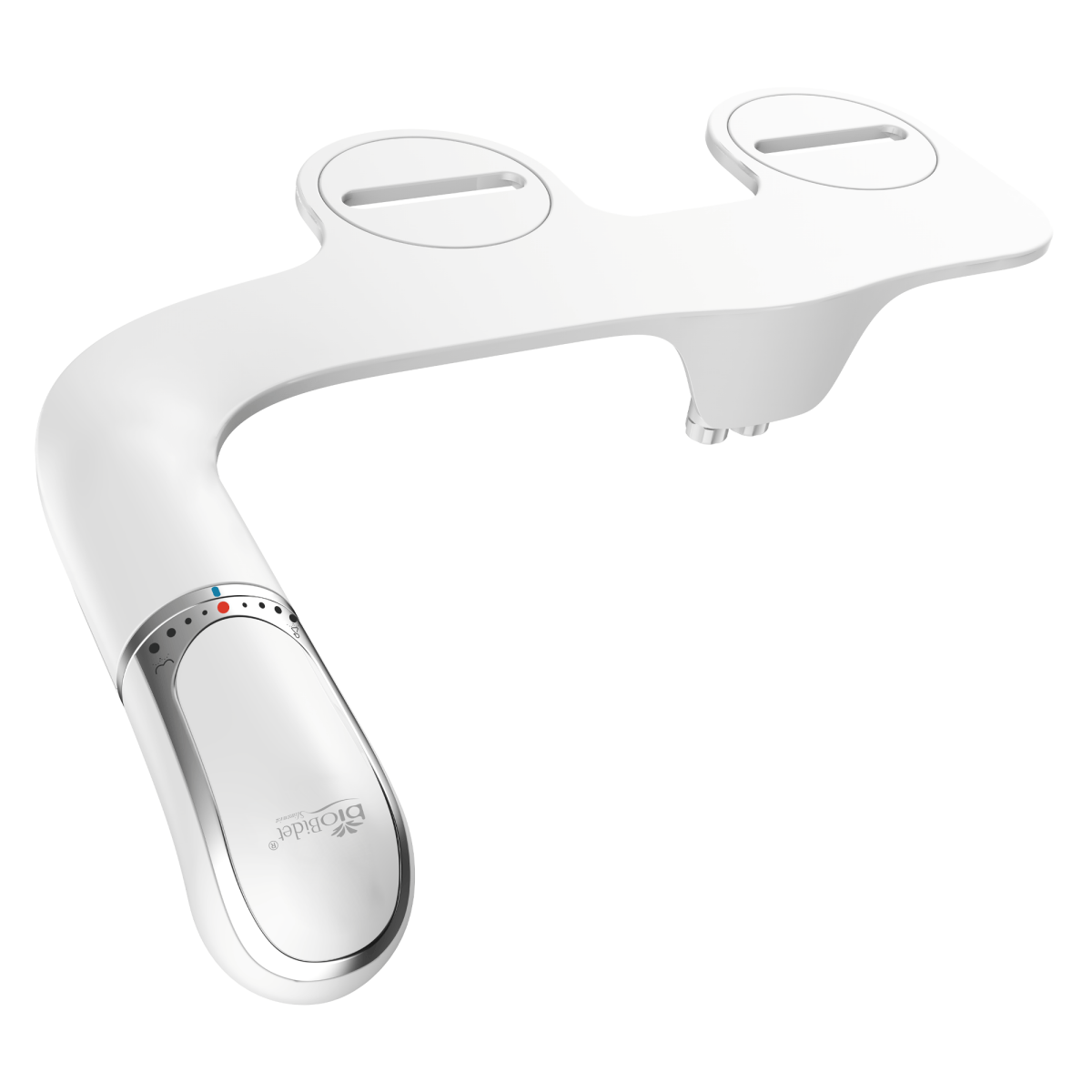 Bidet attachment with dual outlet openings and side control panel with indicator lights