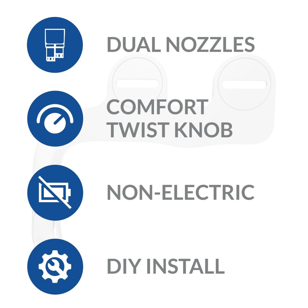 Dual-nozzle bidet attachment with comfort twist knob, non-electric, DIY install