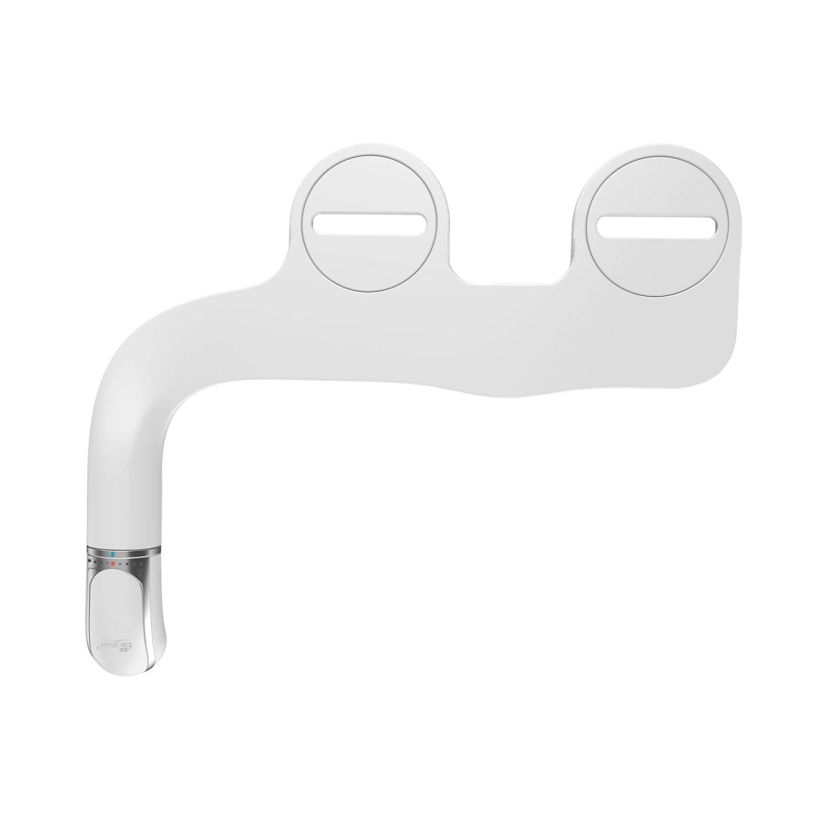 White dual-nozzle bidet attachment with two oval outlets on the front