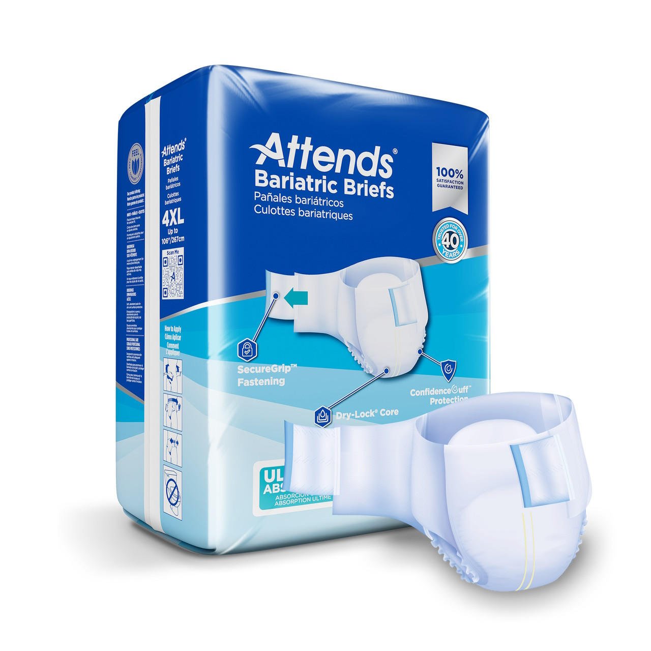 4XL white bariatric briefs with fastening tabs and absorbent pad, packaged