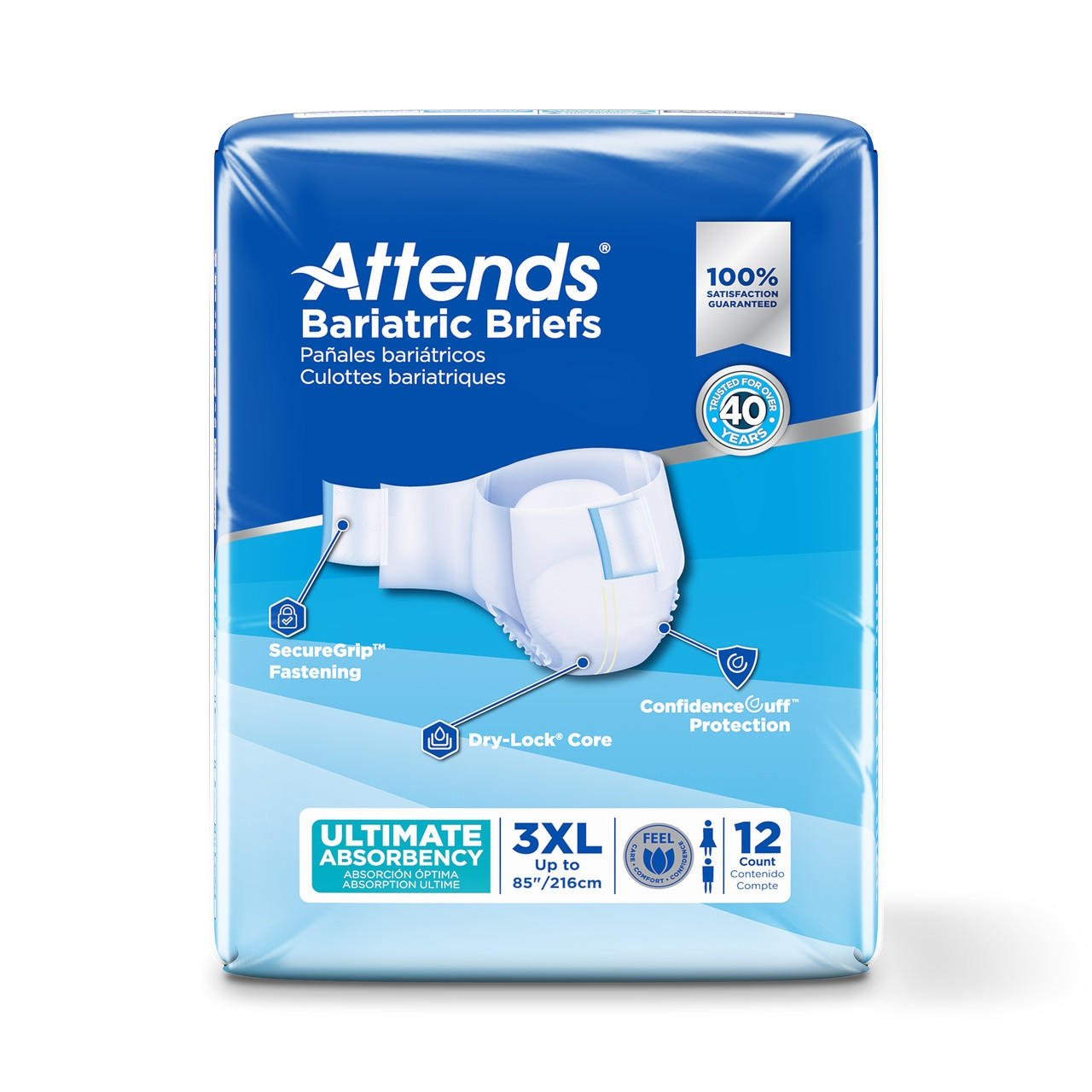 3XL white bariatric briefs with fastening tabs, Ultimate Absorbency, 12 count pack