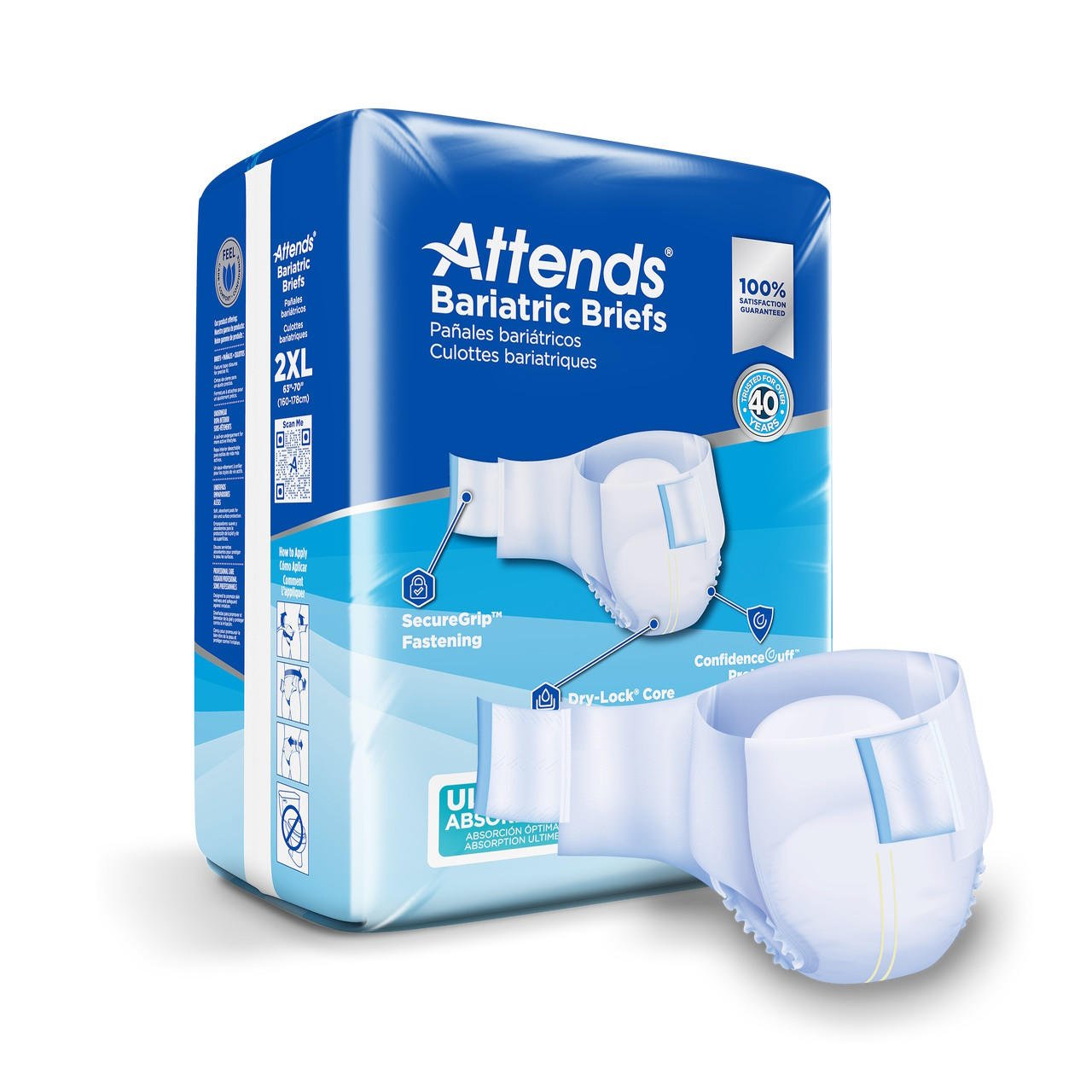 2XL white bariatric briefs with fastening tabs and absorbent core, packaged for briefs