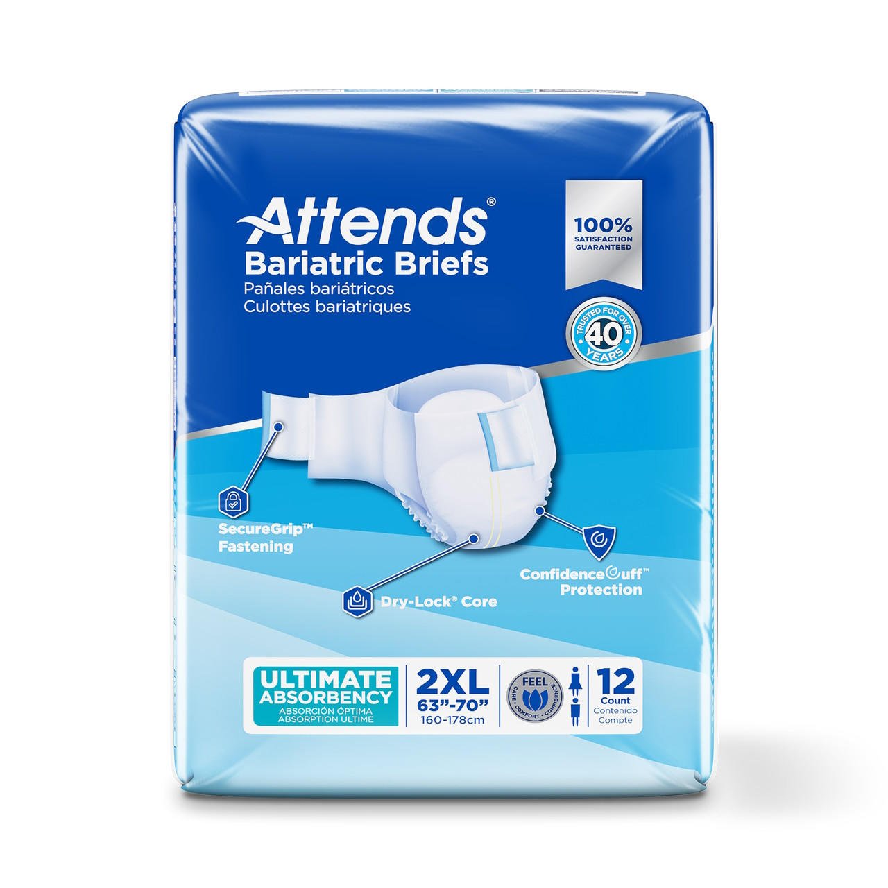 2XL white bariatric briefs, secure grip fastening, Ultimate Absorbency, 12 count pack