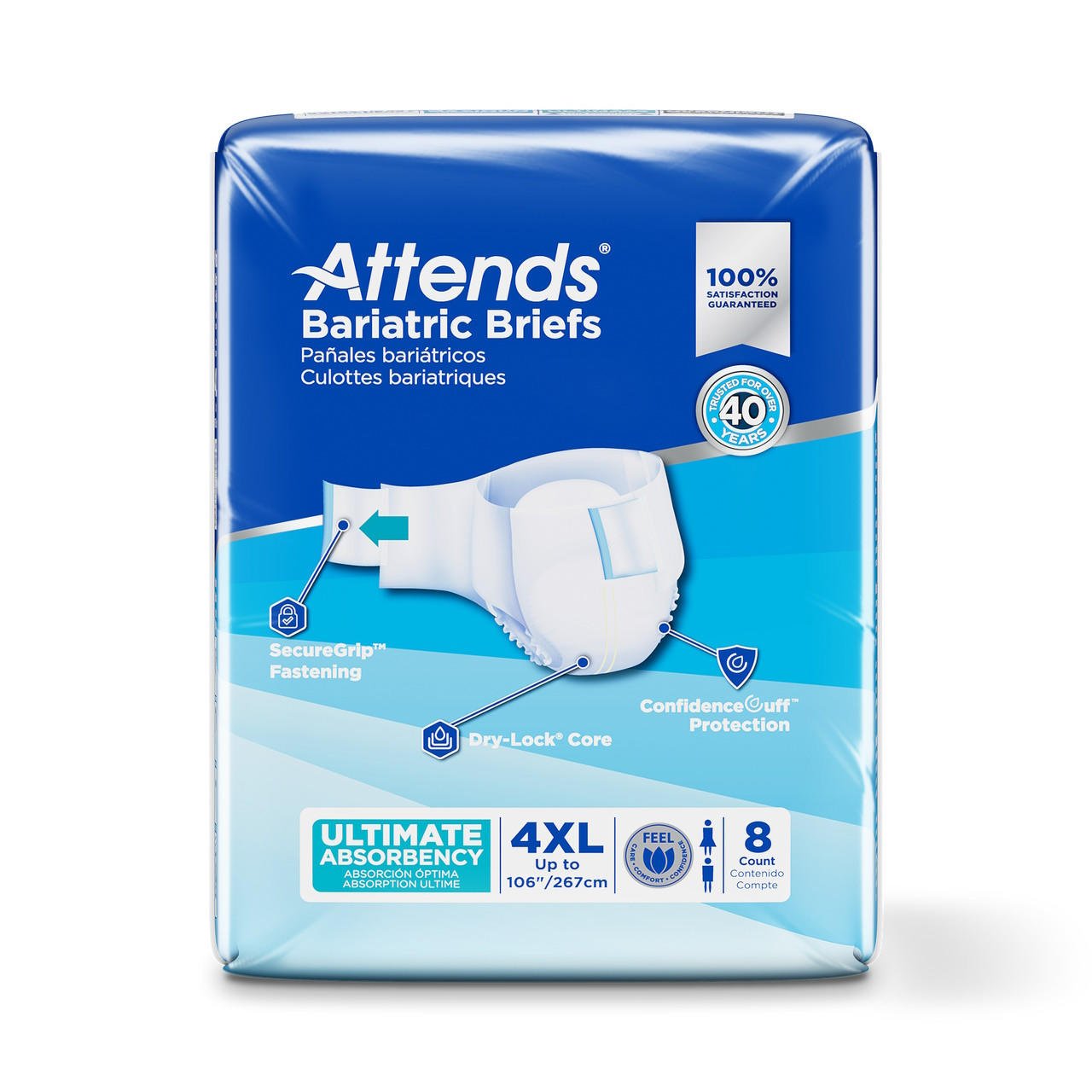 4XL white bariatric briefs with Ultimate Absorbency, secure grip fastening, 8 count pack