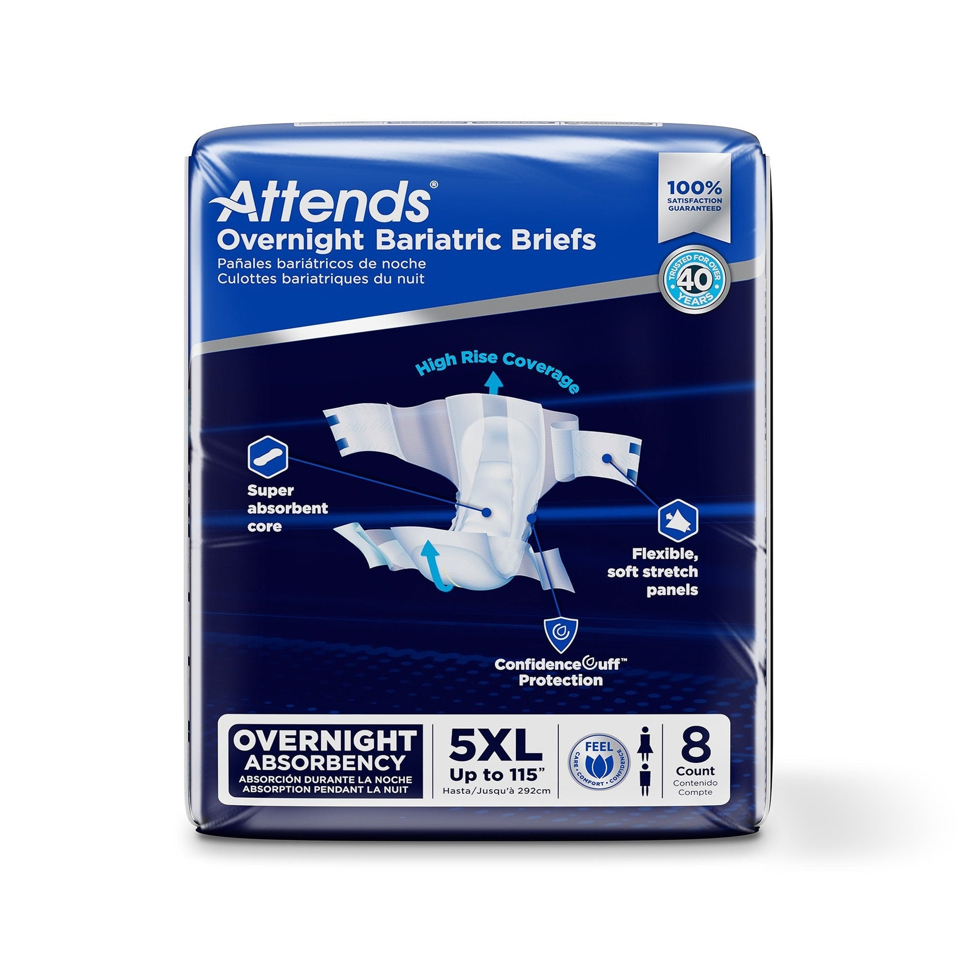 5XL overnight bariatric briefs with high-rise coverage, flexible stretch panels, 8 count
