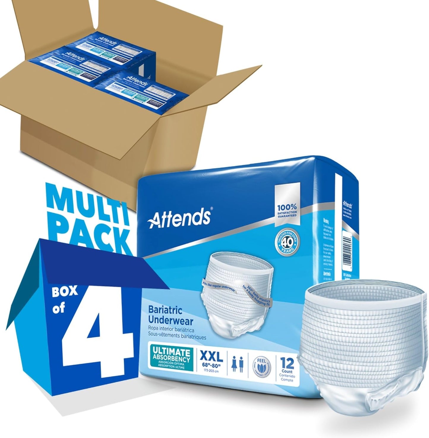 Multipack shipping box of 4 with Attends bariatric underwear, XXL/2XL, 12 count.