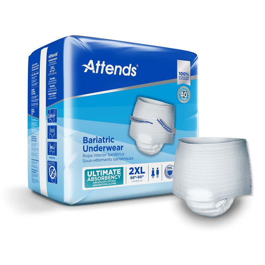 White bariatric incontinence underwear, 2XL; ultimate absorbency brief on product box.