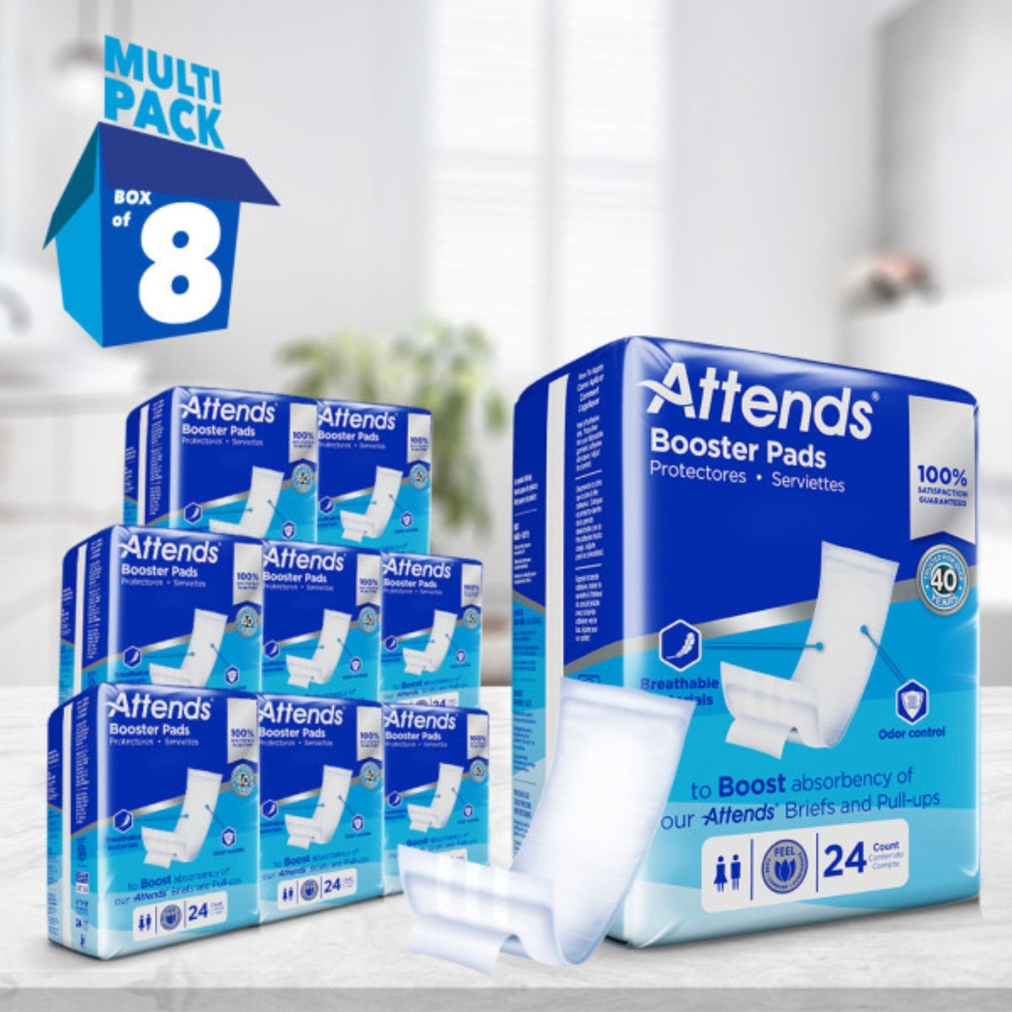 Booster pads multi-pack: boxes of 8 showing 24-count disposable protective pads