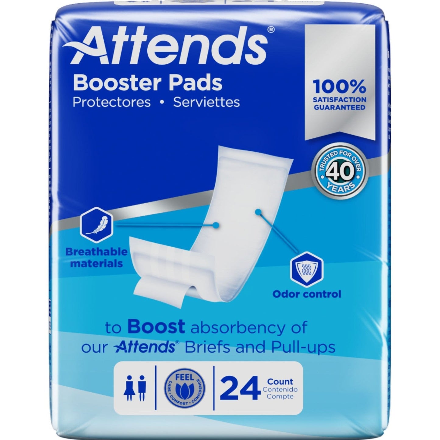 Booster pads 24-count box, blue packaging with odor-control icon