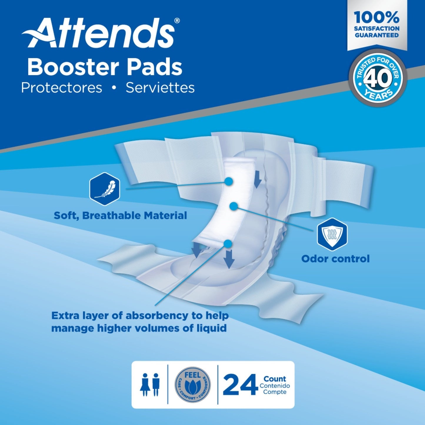 Booster pads 24-count, soft breathable disposable pad with odor-control icon