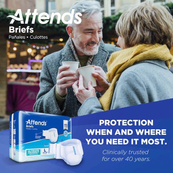 Ultimate Absorbency briefs, size L shown on package in use-style promotional image