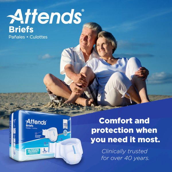Ultimate Absorbency briefs package with comfort and protection messaging