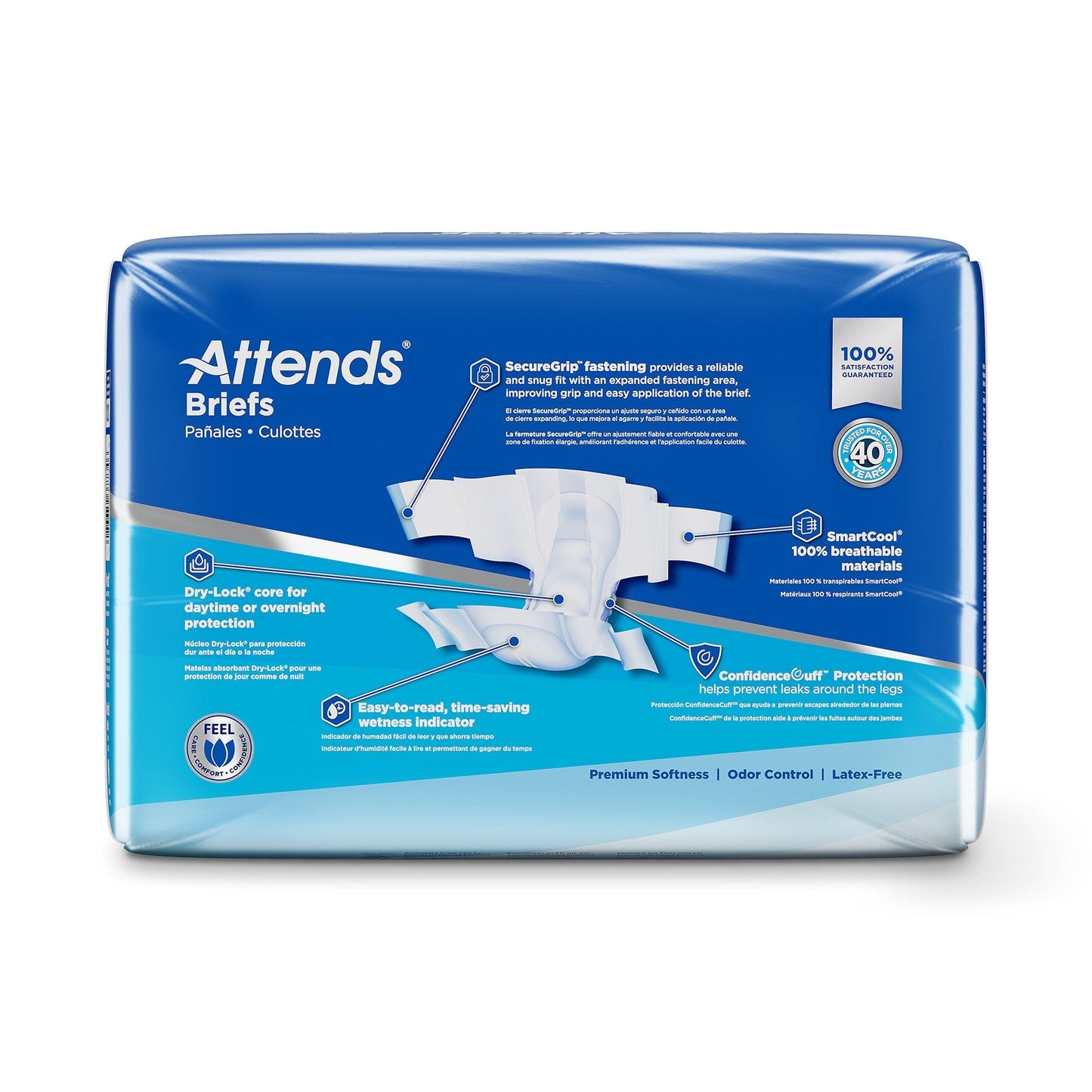 Ultimate Absorbency briefs, size M package back panel with feature callouts