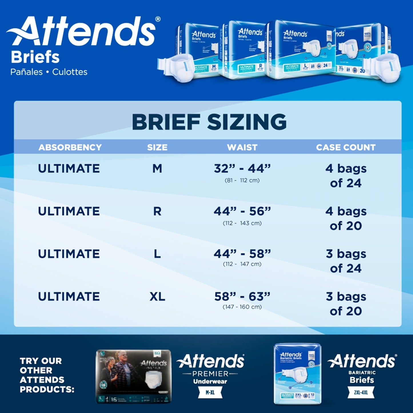 Brief sizing chart for Ultimate Absorbency: M/R/L/XL waist and case counts