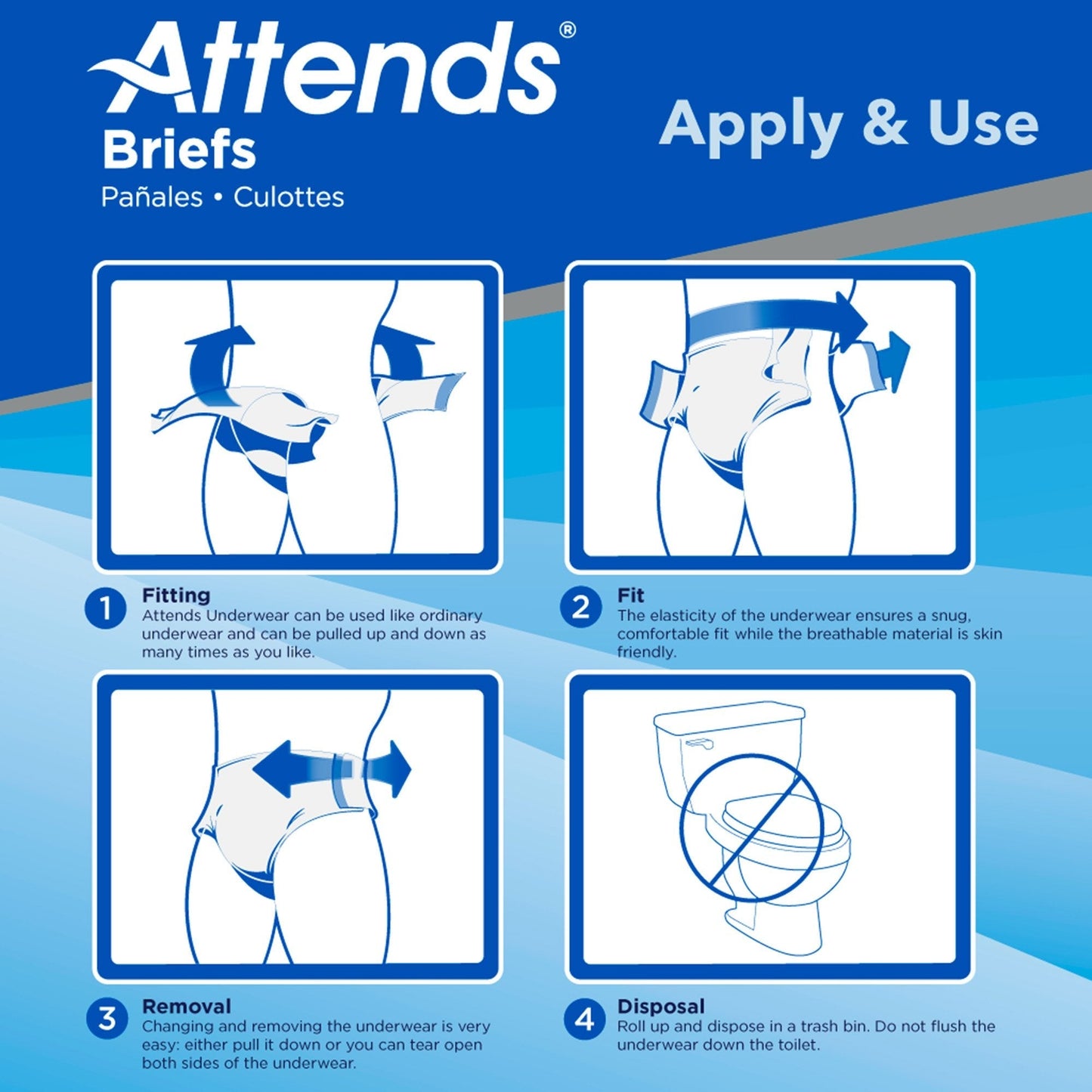 Briefs apply and use instructions diagram for Ultimate Absorbency underwear