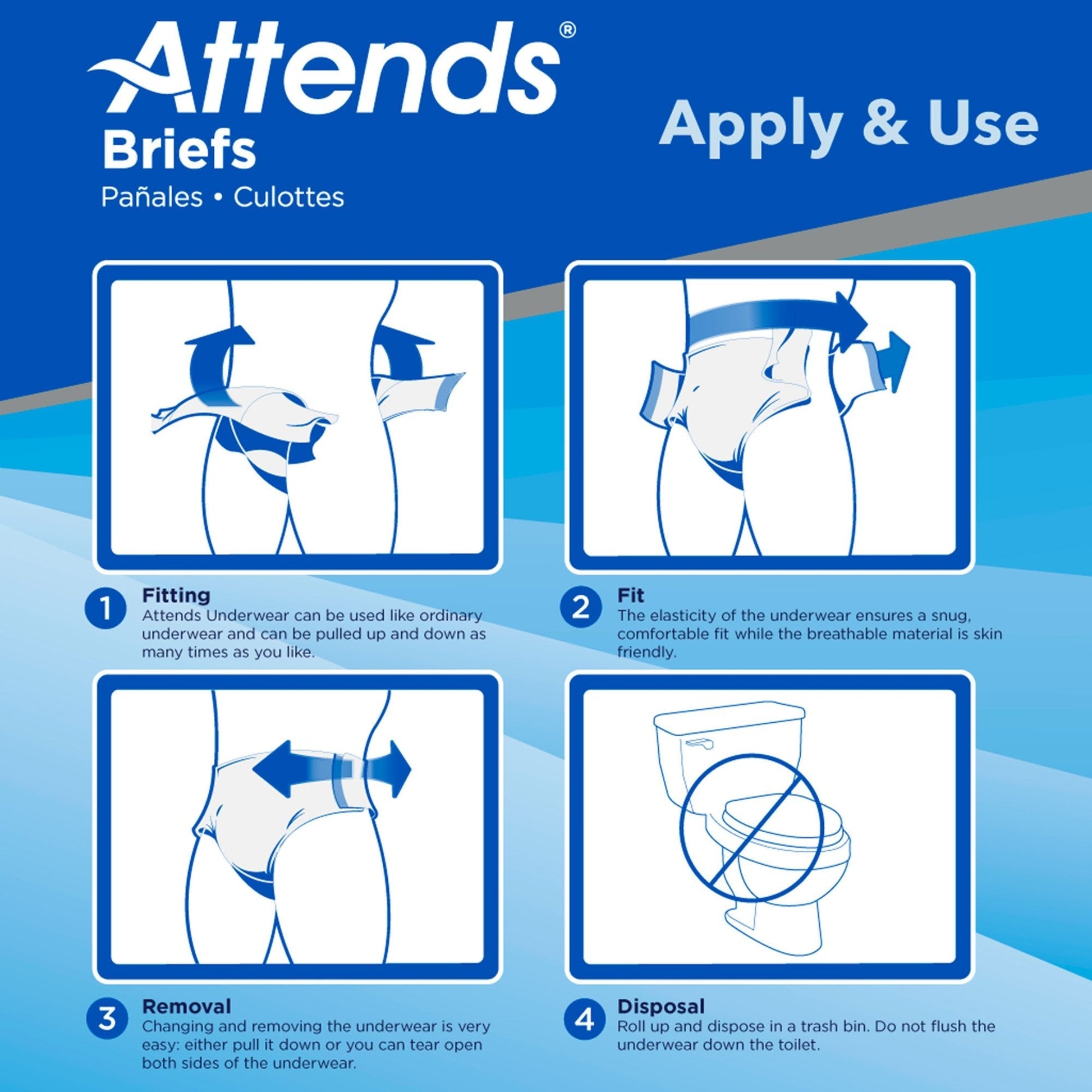 Briefs apply and use instructions diagram for Ultimate Absorbency underwear
