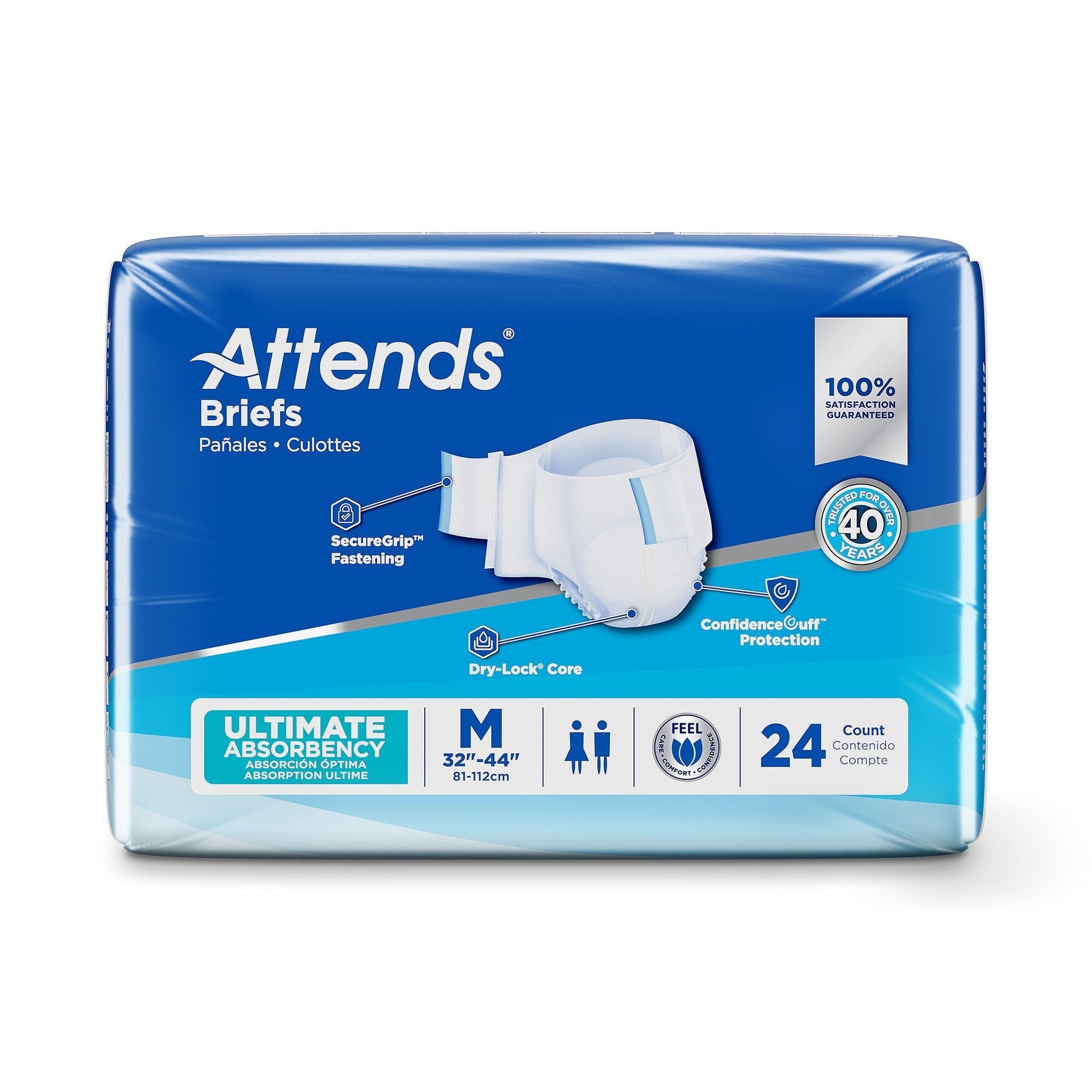 Ultimate Absorbency briefs, size M (32–44 in), 24-count box front