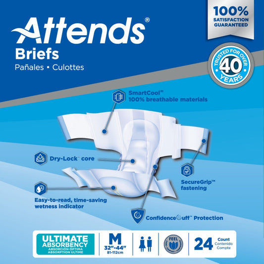 Ultimate Absorbency briefs, size M, 24-count package details on back panel