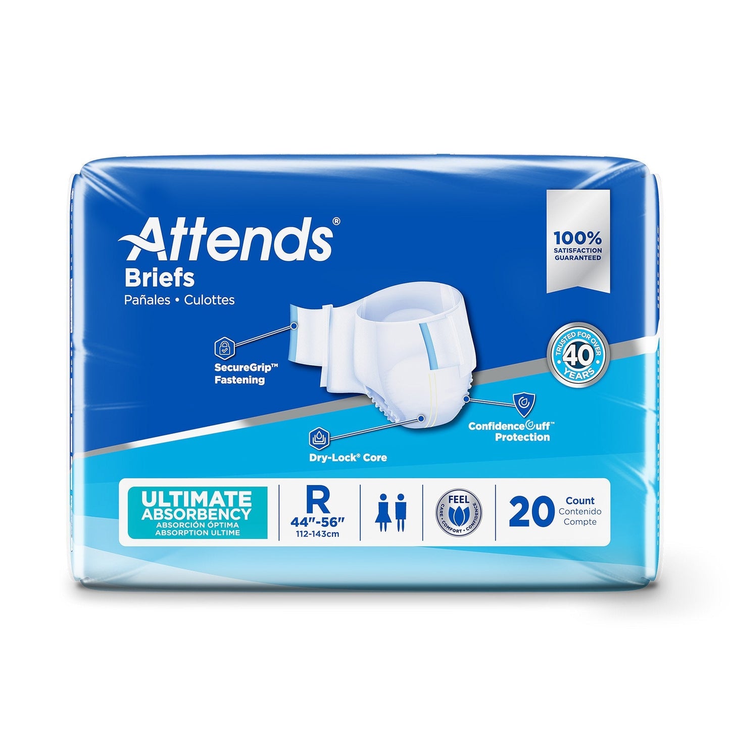 Ultimate Absorbency briefs, size R (44–56 in), 20-count package front