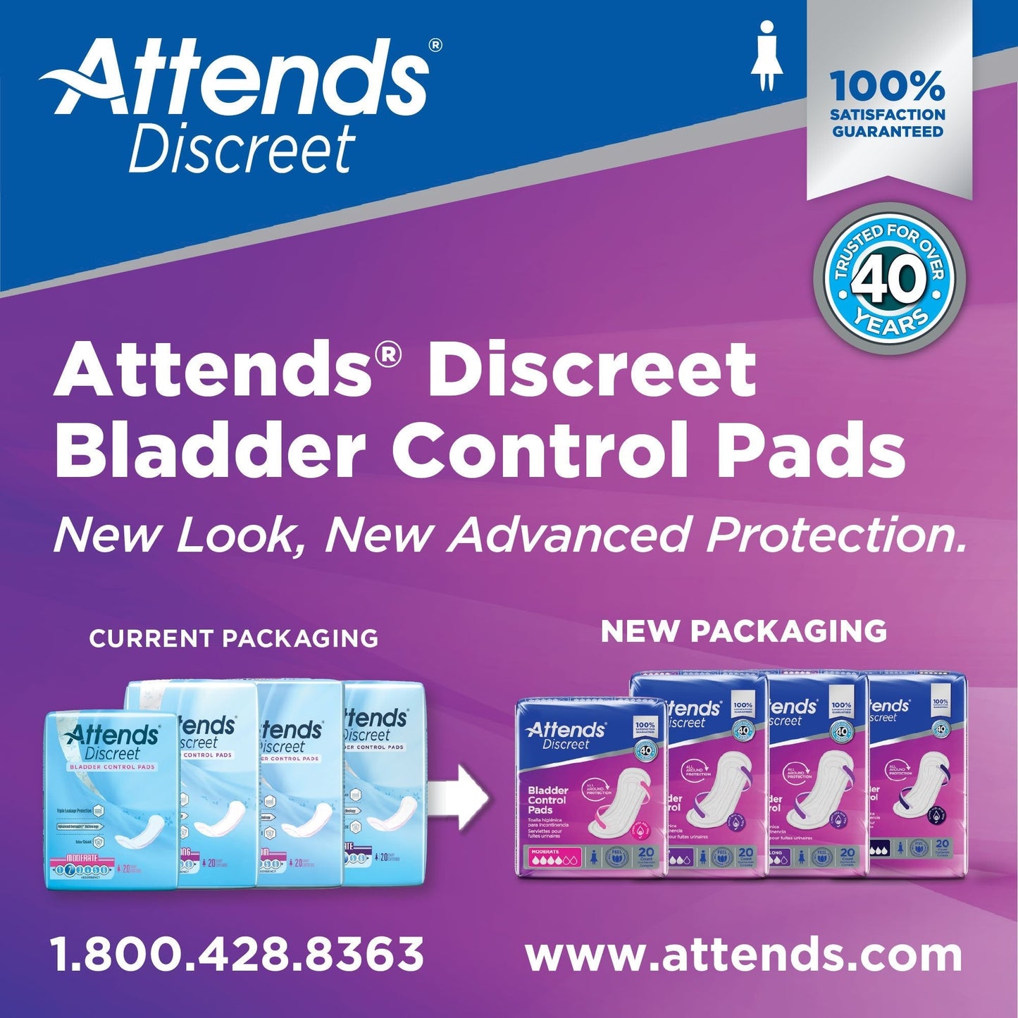 Attends Discreet bladder control pads packaging, current vs new boxes