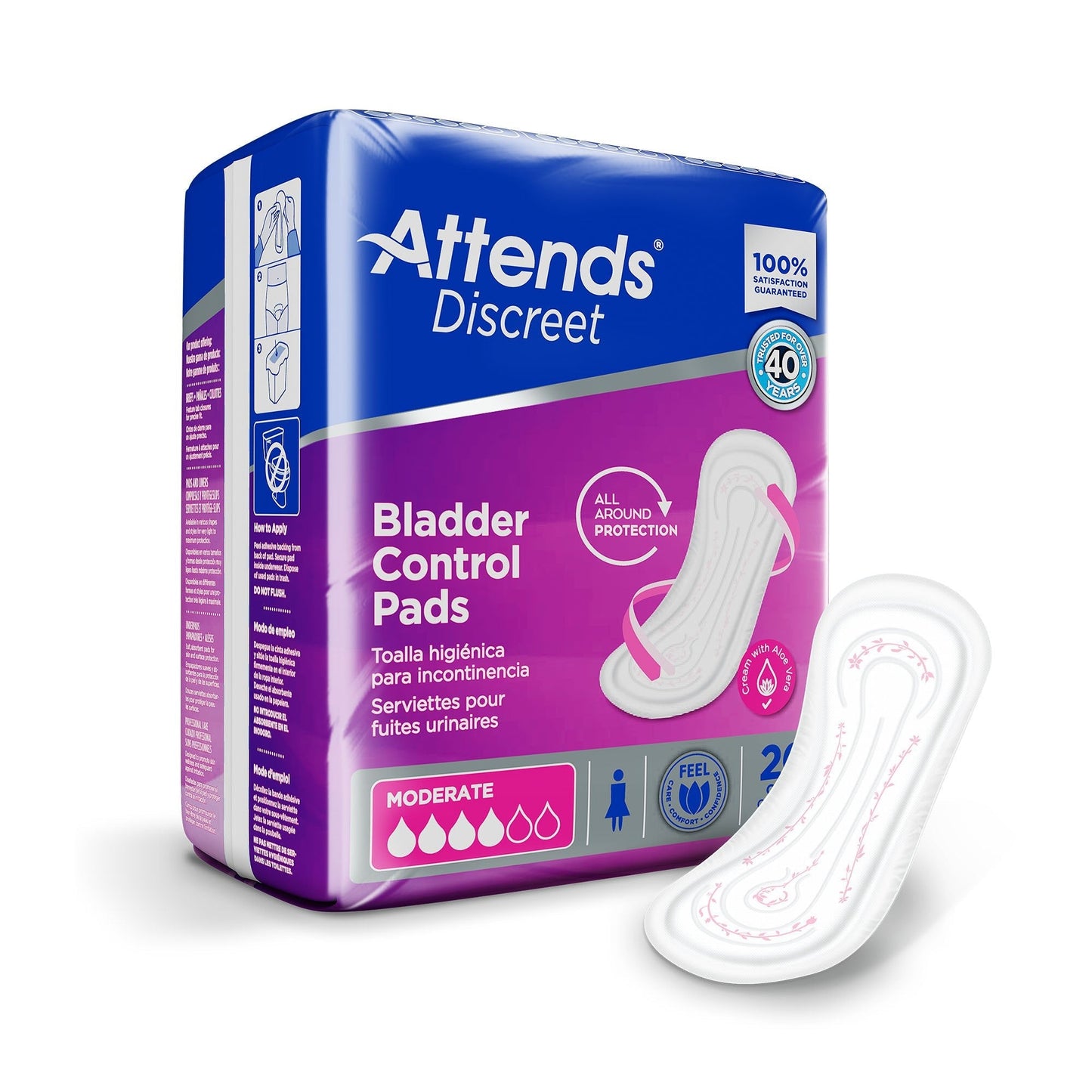Discreet bladder control pads, Moderate absorbency, white pads in blue/purple package