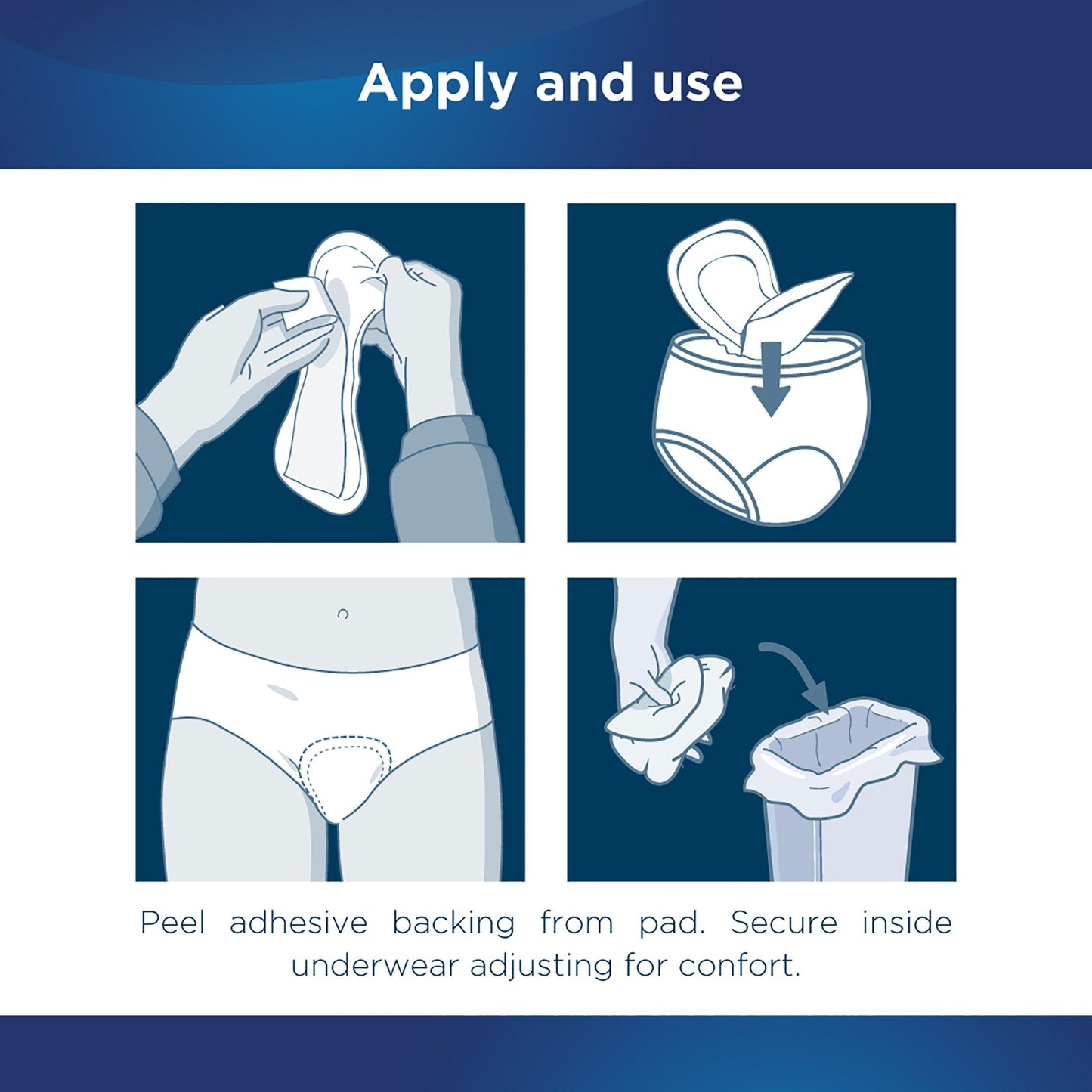 Apply and use guide for adhesive bladder control pad—peel backing and secure inside underwear