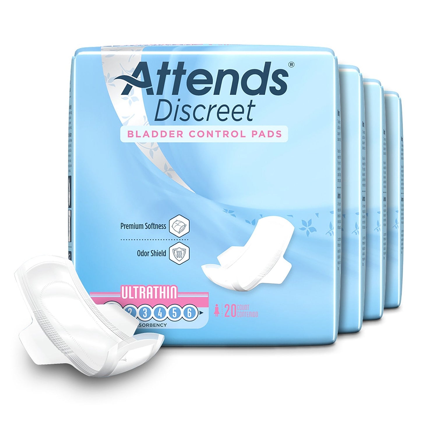 Ultrathin bladder control pads, 20-count boxes stacked with a shown pad