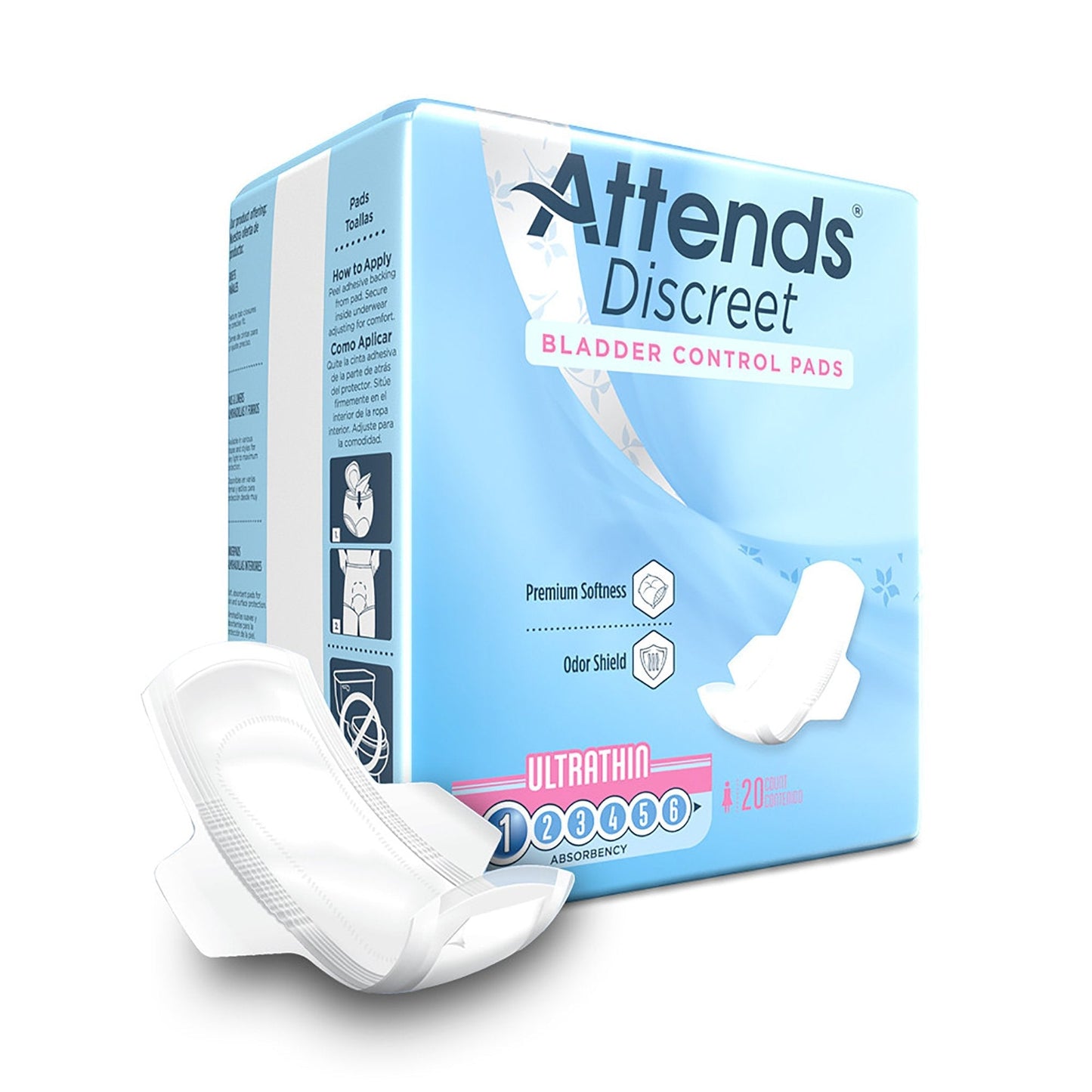Attends Discreet ultrathin bladder control pads, 9 in, 20-count box with pad