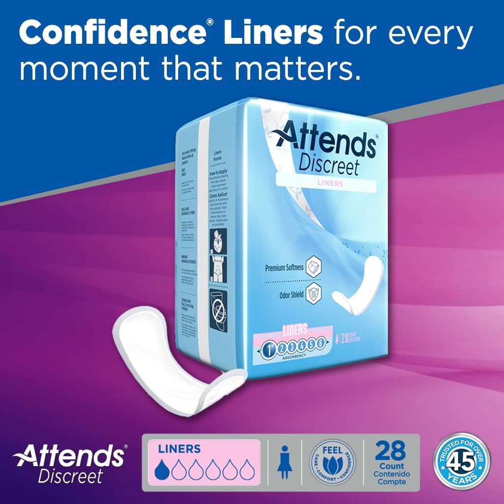 Attends Discreet liner box and lying liner pad with 28 count label