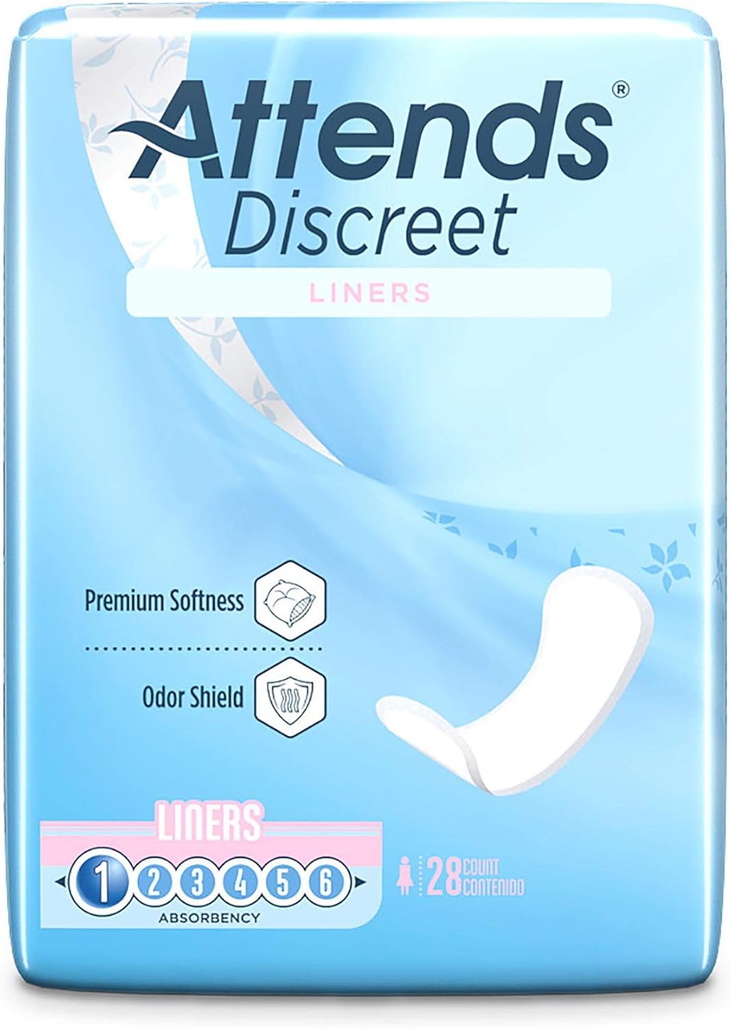 Attends Discreet 6-inch liners package showing 28 count and liner absorbency icons